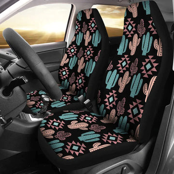 Cactus Car Seat Covers, Pastel Turquoise and Dusty Rose Boho Southwestern Pattern on Black