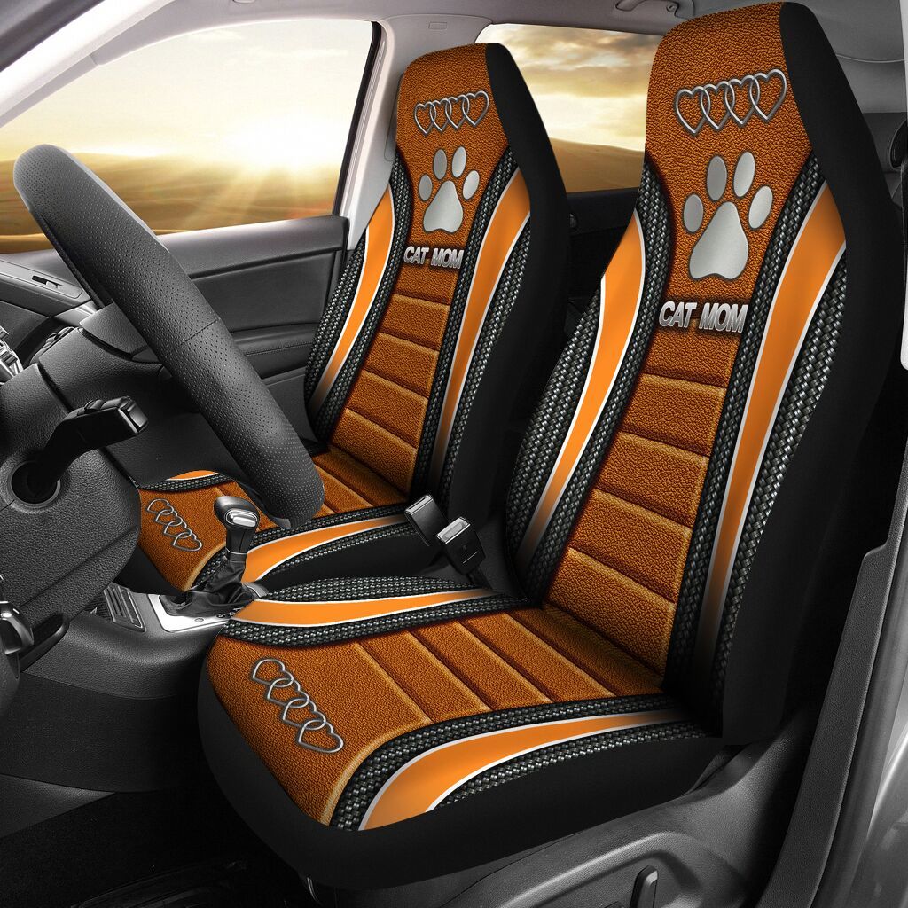 Cat Mom AD Heart Car Seat Orange Covers, Seat Covers Set of Two, Automotive Seat Covers Set