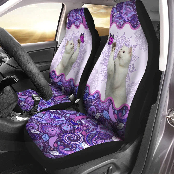 Cat Purple Mandala Car Seat Covers Universal Fit, Front Bucket Seat Cover For Car