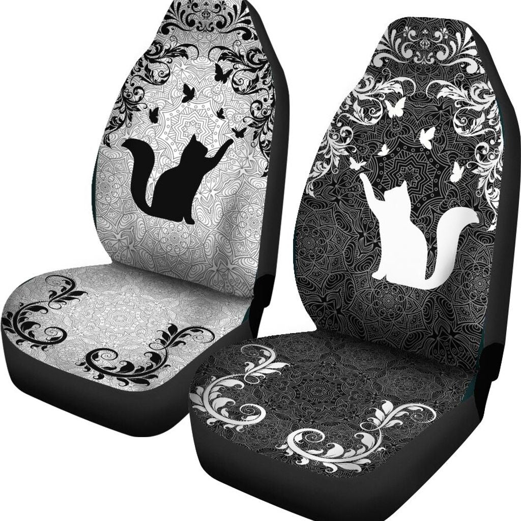 Cat Surrounded By Butterflies Car Seat Covers, Seat Covers Set of Two, Automotive Seat Covers Set