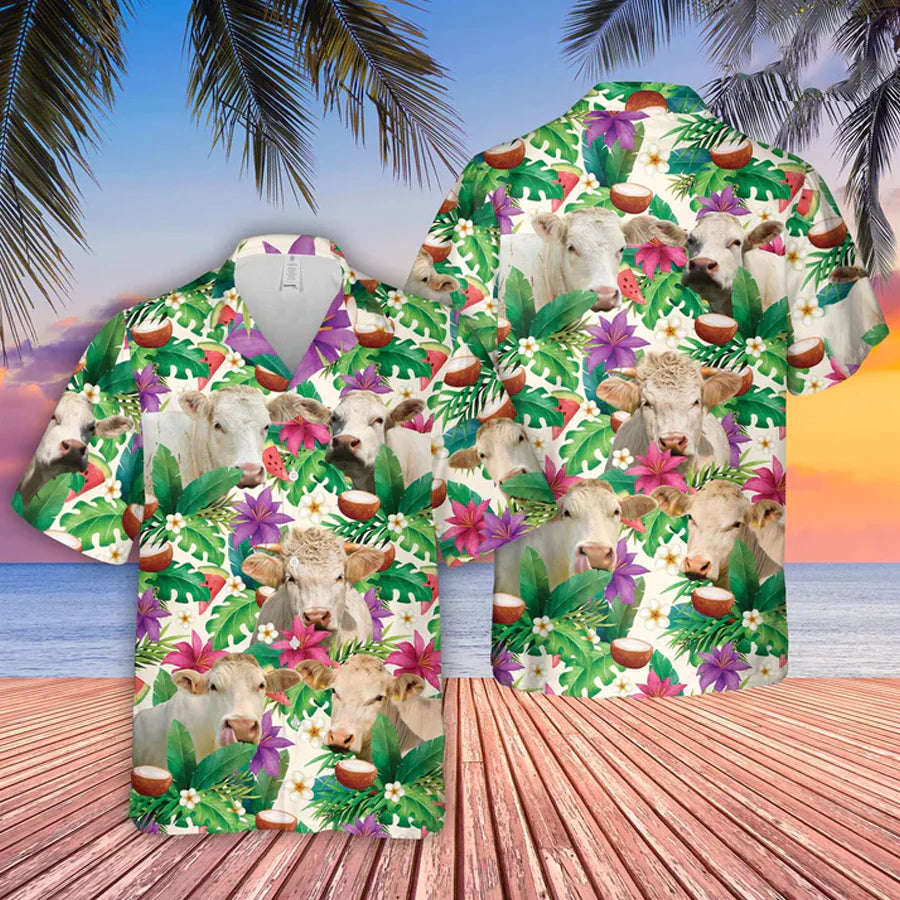 Charolais Summer Floral 3D Hawaiian Shirt, Farm Lover Hawaii Shirt, Hawaiian Casual Button Down Shirt