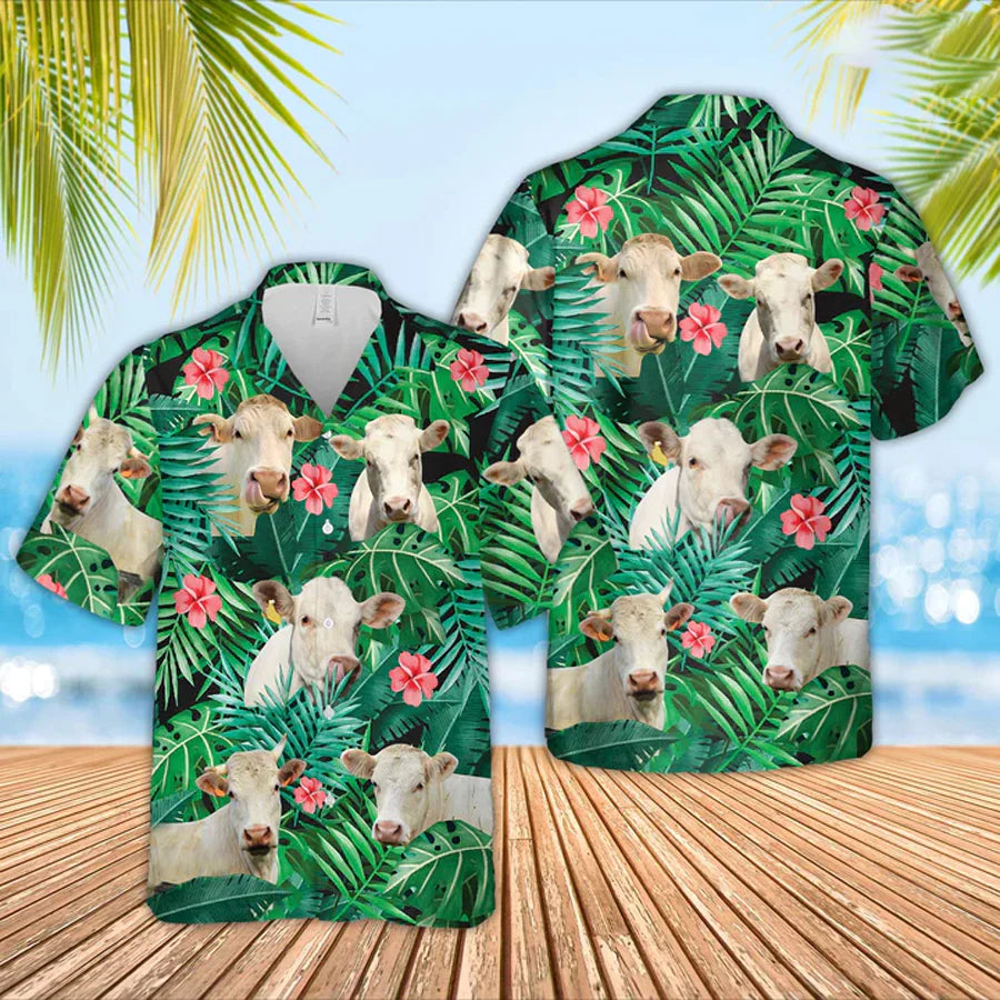 Charolais cow Hawaiian Shirt, Farmer Hawaiian Shirts, Summer Tropical Shirts, Gift For Him, Funny Hawaiian Shirts