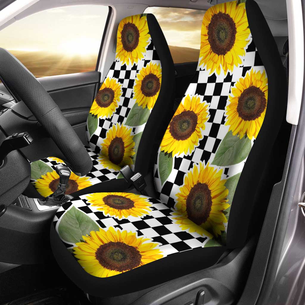 Checkerboard Sunflower Car Seat Covers Custom Car Interior Accessories