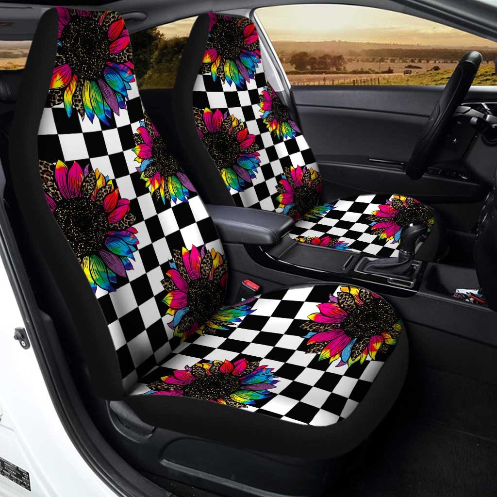 Checkerboard Sunflower Car Seat Covers Custom Leopard Car Accessories - Gearcarcover - 1