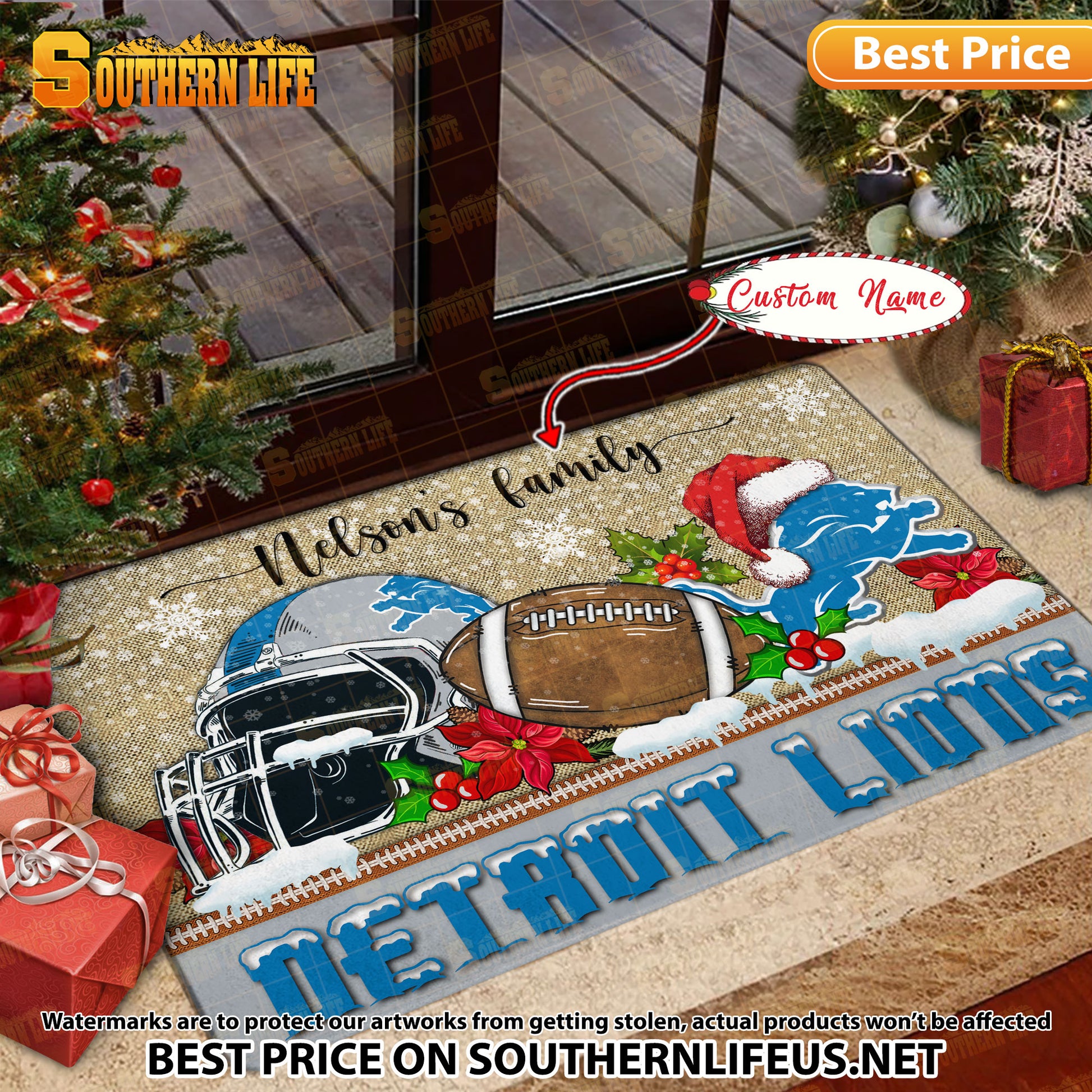 ANFL11-Detroit Lions X-Mas Football Doormat - Custom name