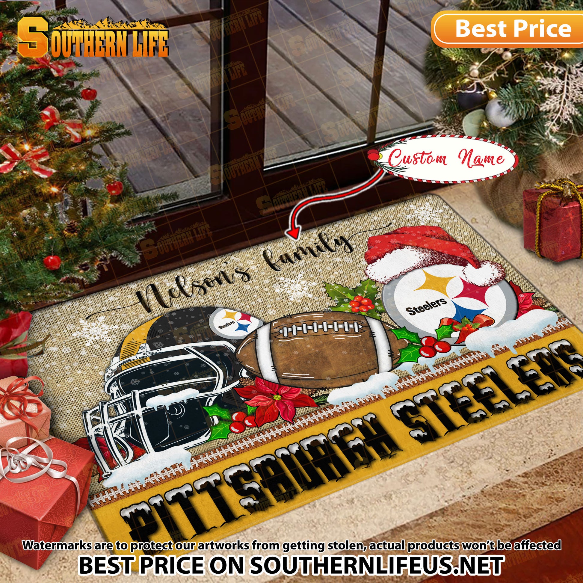 ANFL25-Pittsburgh Steelers X-Mas Football Doormat - Custom name