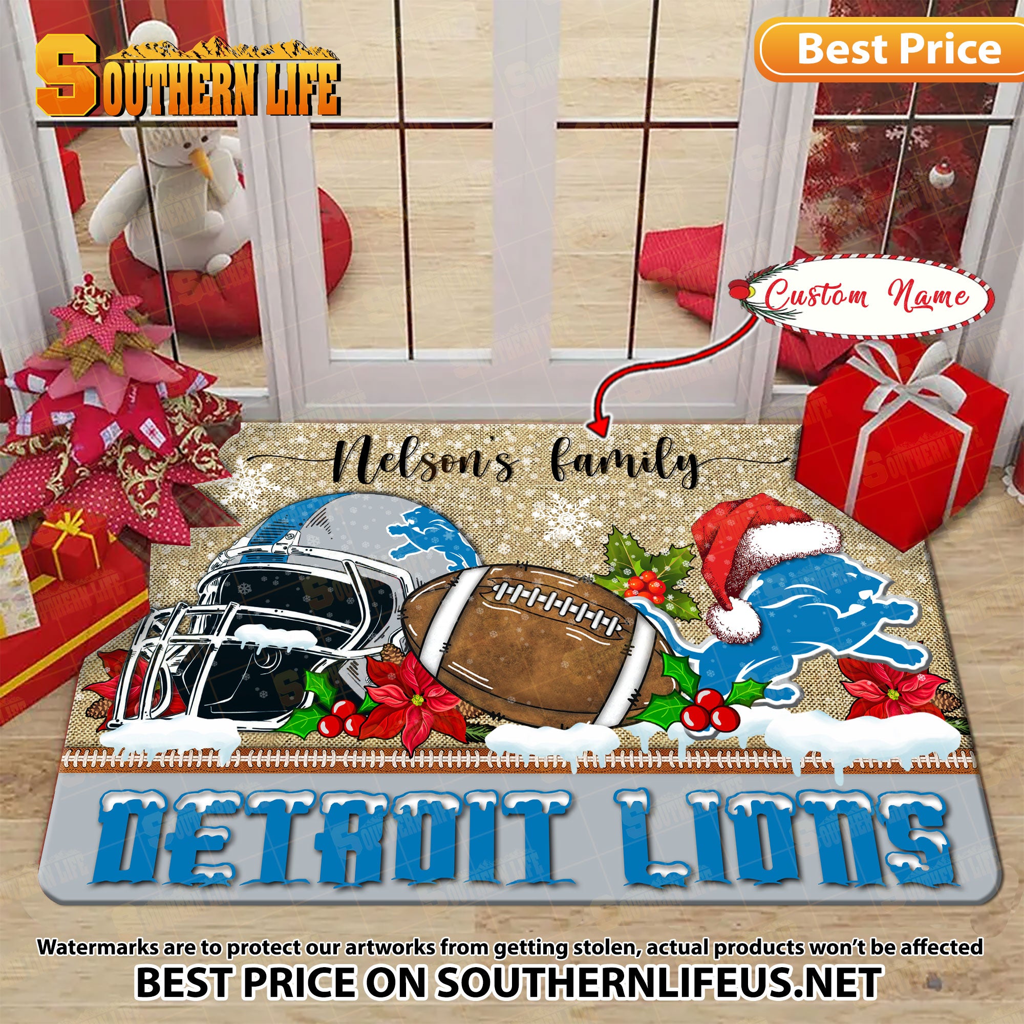 ANFL11-Detroit Lions X-Mas Football Doormat - Custom name