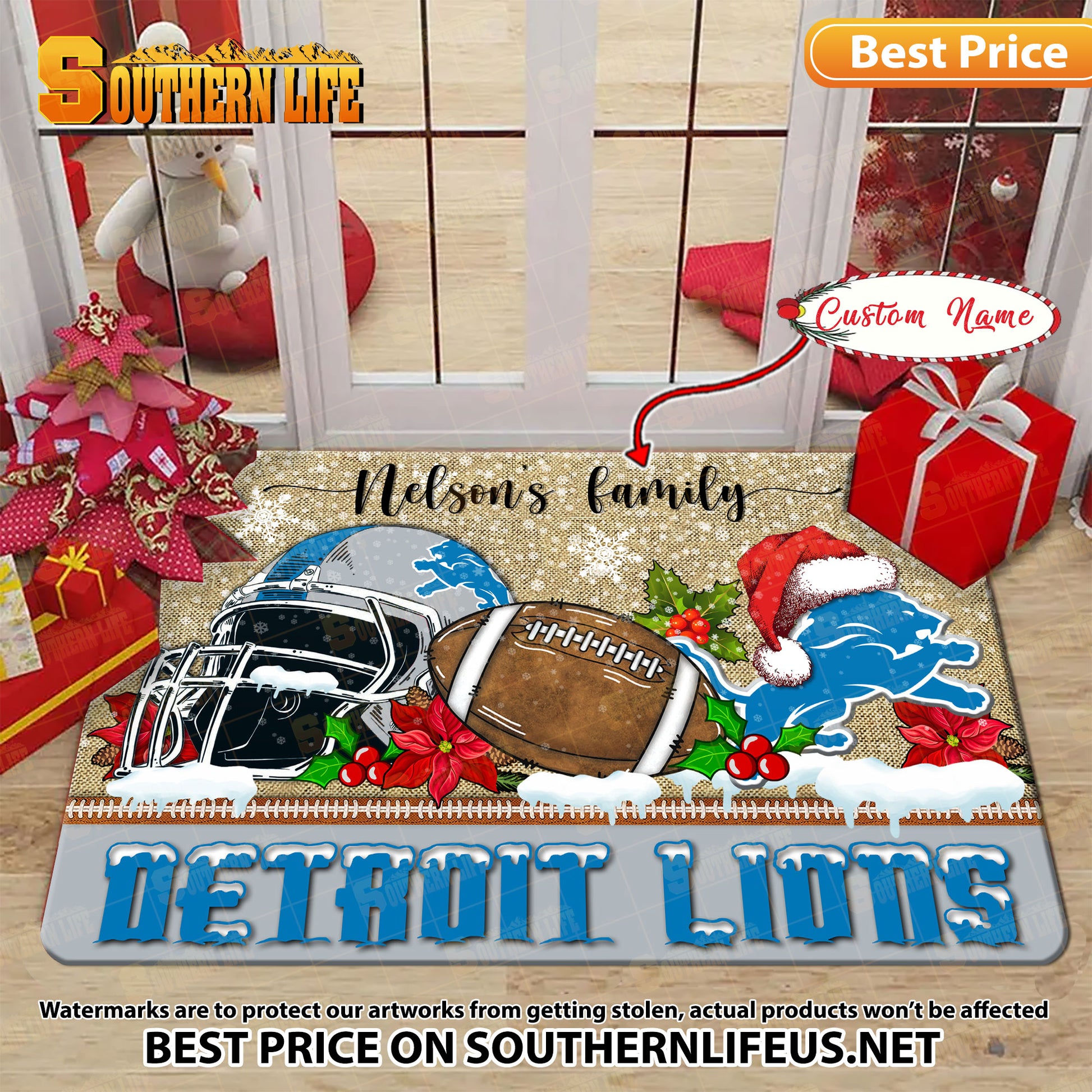ANFL11-Detroit Lions X-Mas Football Doormat - Custom name
