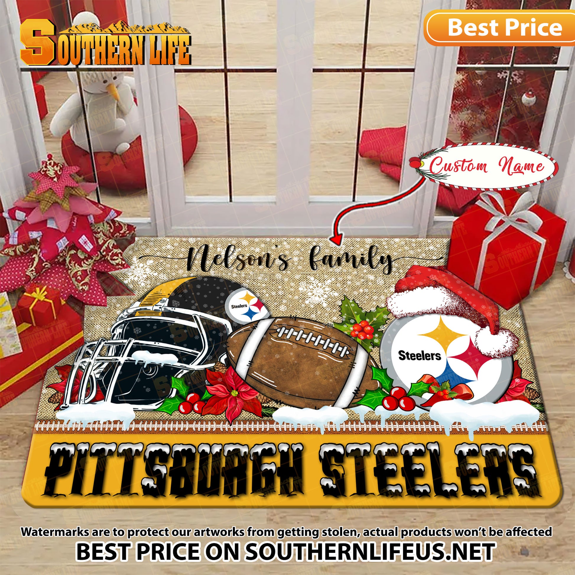 ANFL25-Pittsburgh Steelers X-Mas Football Doormat - Custom name