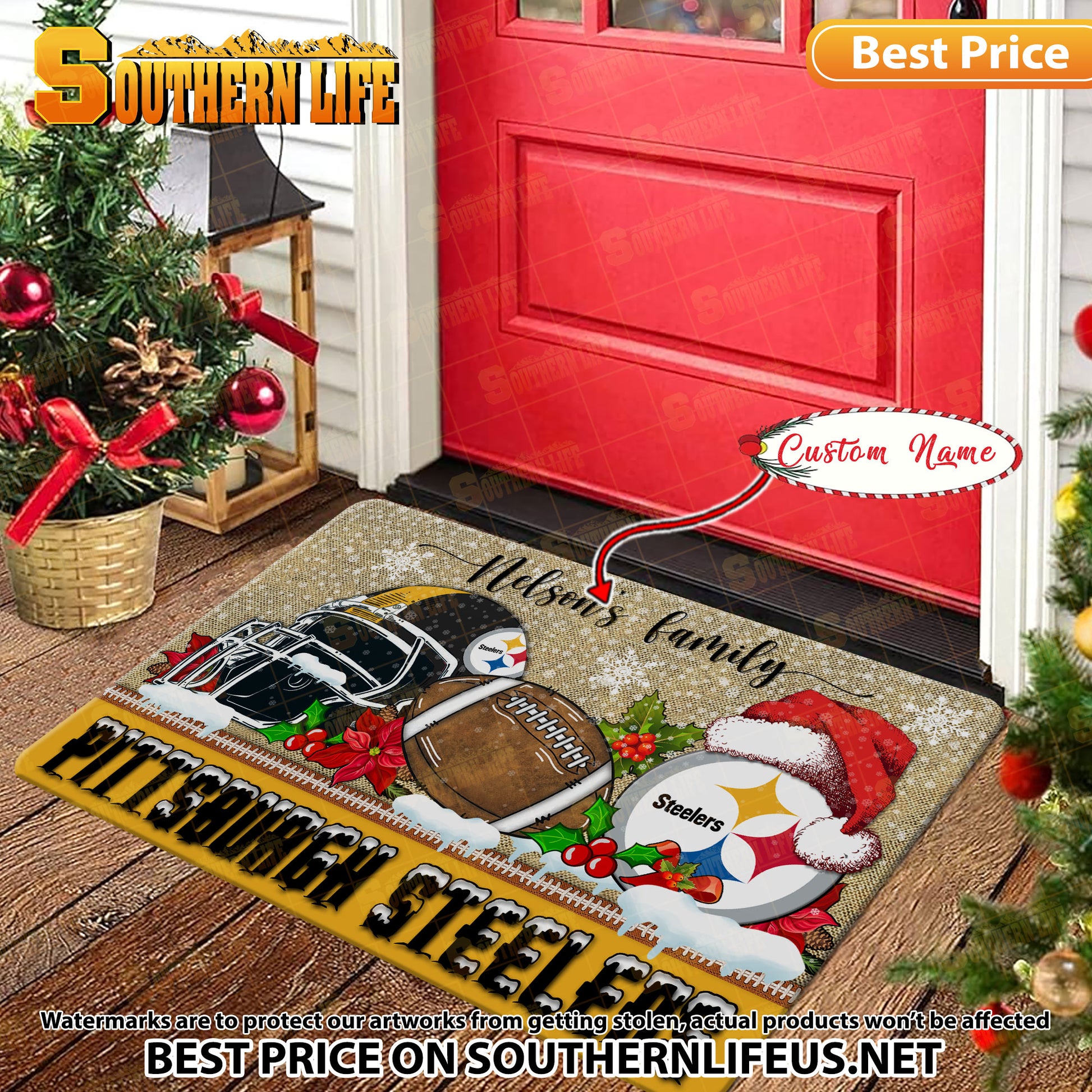 ANFL25-Pittsburgh Steelers X-Mas Football Doormat - Custom name