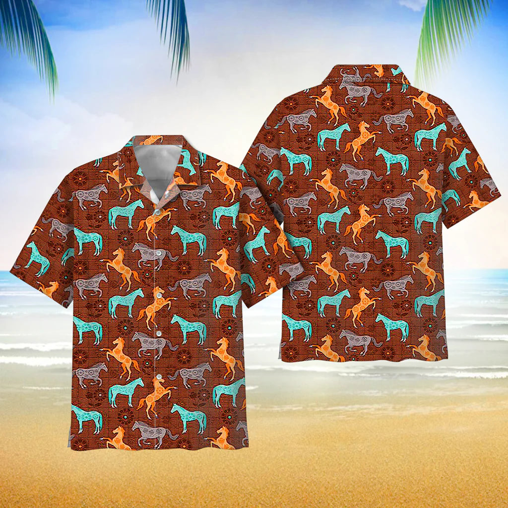 Colorful Running Horses Vintage Pattern Hawaii Shirt Button Down Short Sleeves Hawaiian Full Print Shirt