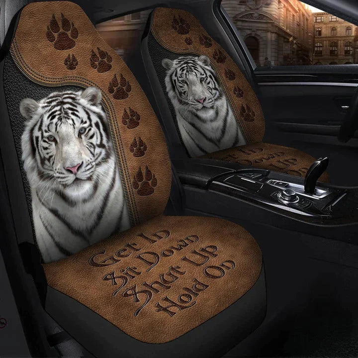 Cool White Tiger Hold on Funny Car Seat Covers, Front Bucket Seat Cover For Car