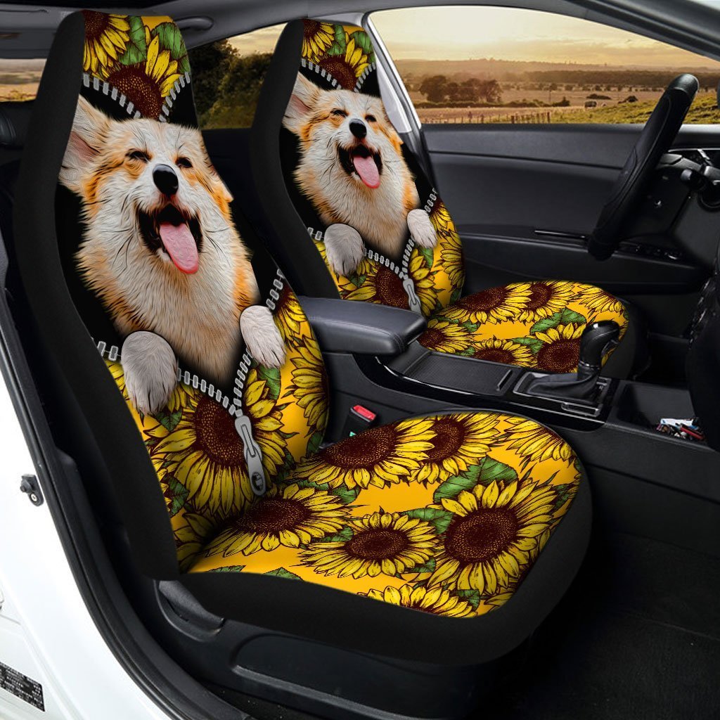 Cute Sunflower Corgi Car Seat Covers Custom Car Accessories For Corgi Onwers - Gearcarcover - 1