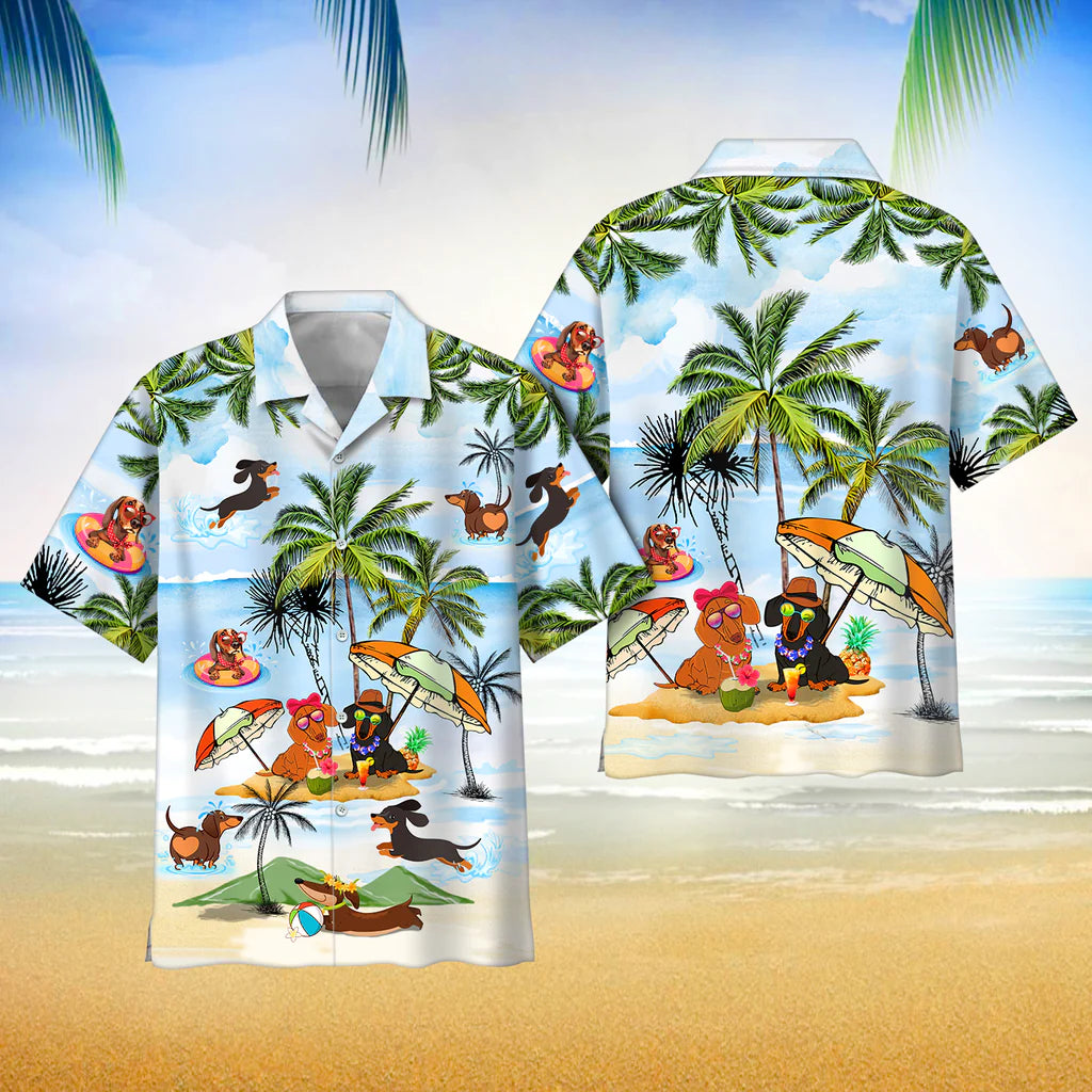 Dachshund Dog Happy Summer Funny Hawaii Shirt Button Down Short Sleeves Hawaiian Full Print Shirt