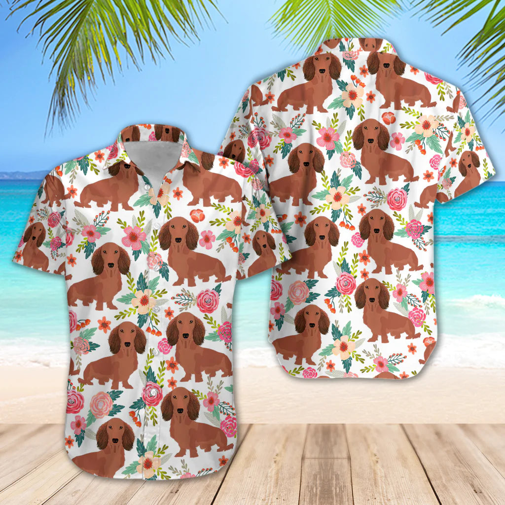 Dachshunds Dog With Flowers Pattern Shirt Regular Fit Short Sleeve Slim Fit Casual Full Print Shirt