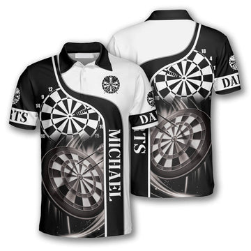 Darts Black White Emblem Custom Polo Shirts for Men, Custom Dart Jersey for Team, Dartboard Shirts