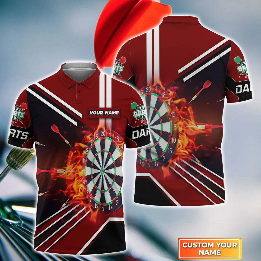 Red Dartboard Personalized Name 3D Polo Shirt For Darts Player, Gift For Darts Player, Dart Team Shirts, Polo shirt for men