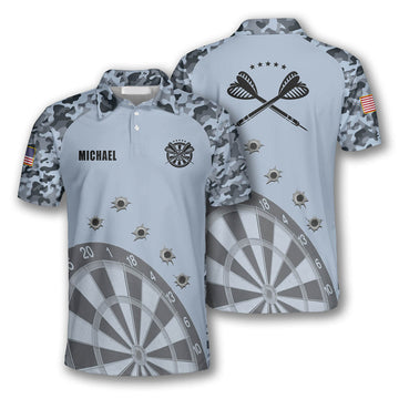 Darts Grey Camouflage Gun Holes Custom Polo Shirts for Men, Custom Dart Jersey for Team, Dartboard Shirts