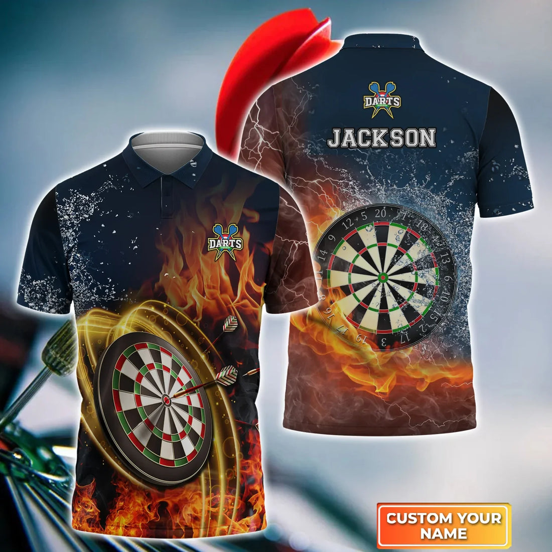 Darts Flame Thunder Lightning 3D Polo Shirt, Gift For Darts Player, Dart Team Shirts, Polo shirt for men