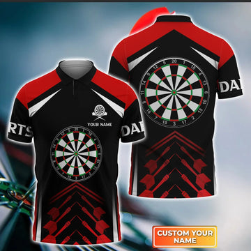 Darts Red Black Personalized Name 3D Polo Shirt For Darts Player, Gift For Darts Player, Dart Team Shirts, Polo shirt for men