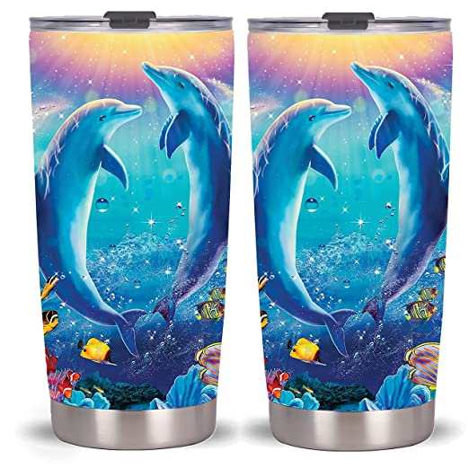 Dolphin Tumbler-Stainless Steel Travel Mug with Lid and Straw