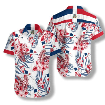 Dominican Flag Red Blue Flower Pattern White Background Hawaiian Shirt