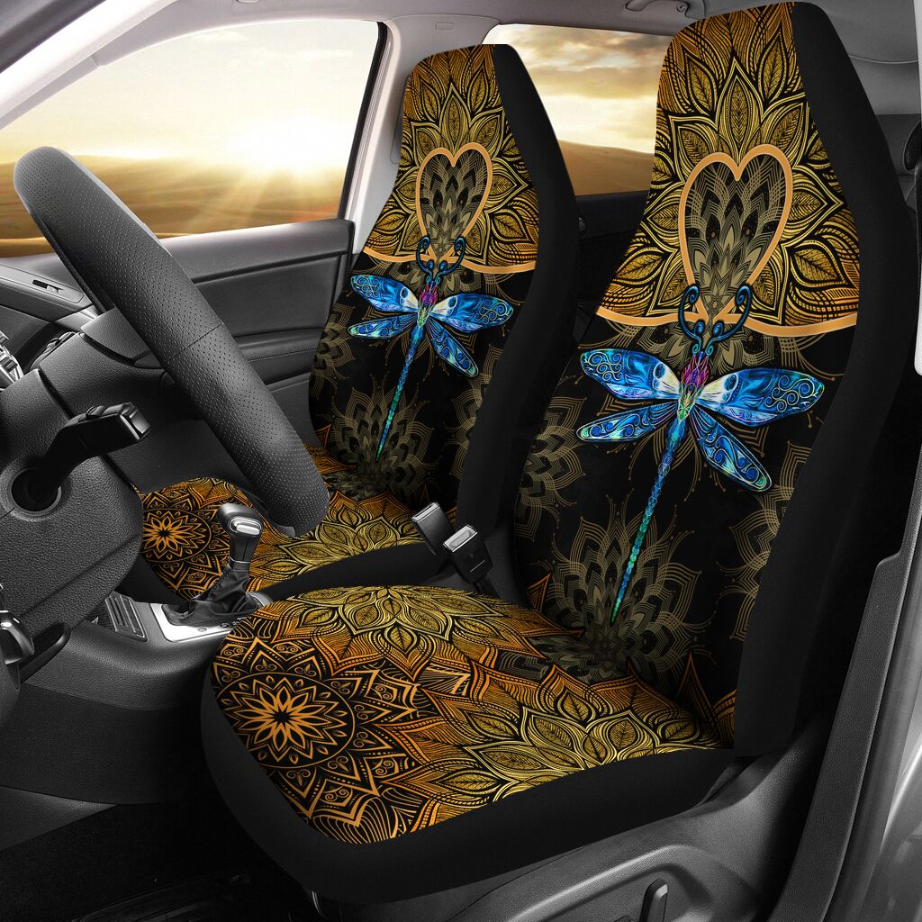 Dragonfly Gold Mandala Heart Car Seat Covers, Car Seat Set Of Two, Automotive Seat Covers