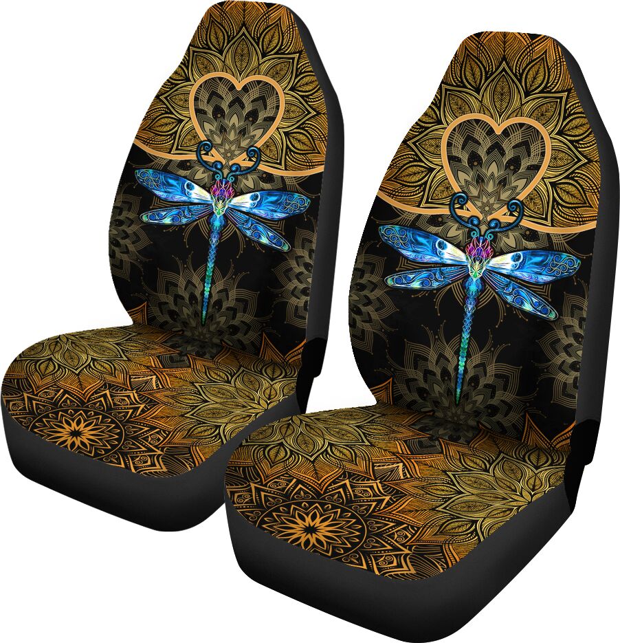 Dragonfly Gold Mandala Heart Car Seat Covers, Car Seat Set Of Two, Automotive Seat Covers