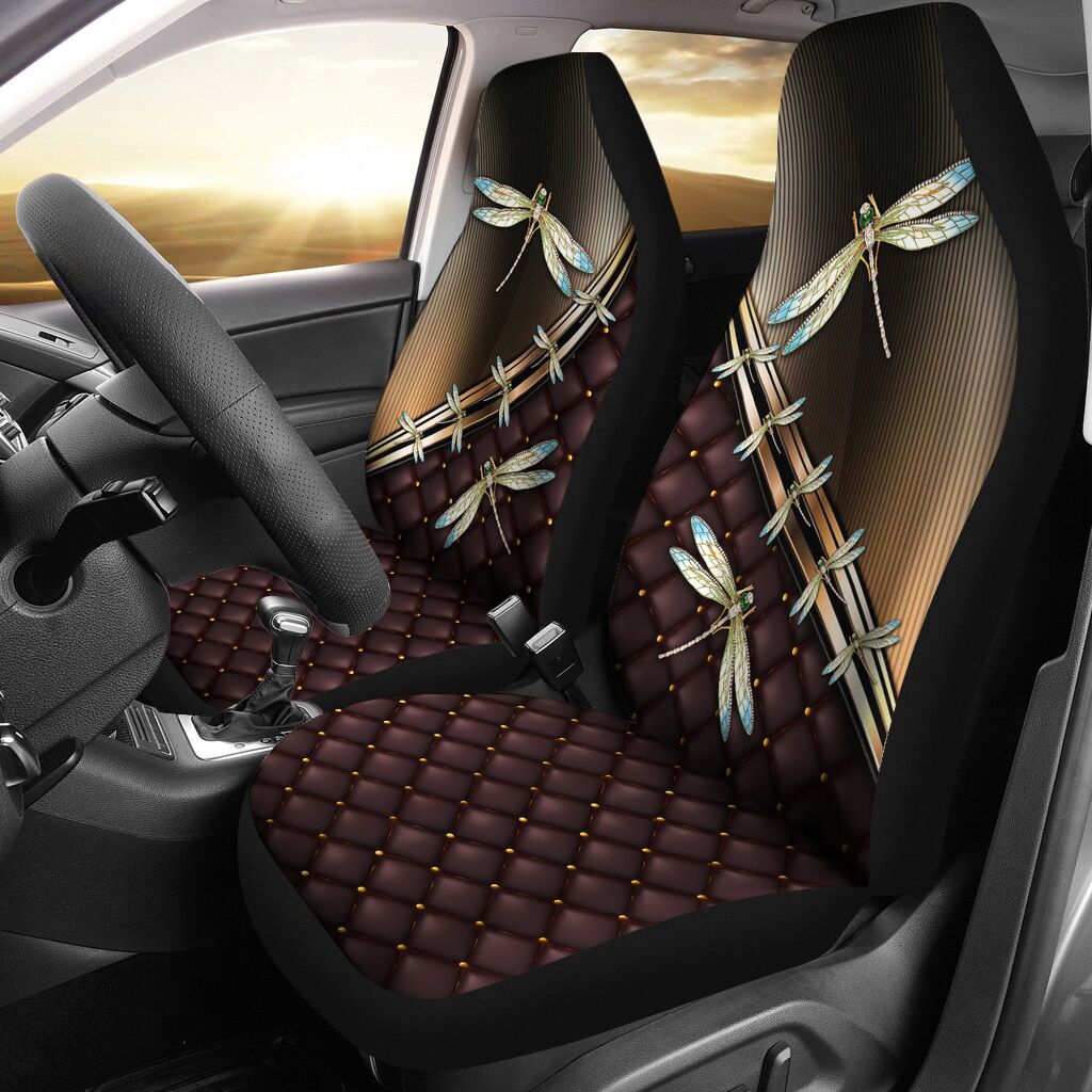 Dragonfly Gold Metal Black Quilted Car Seat Covers, Car Seat Set Of Two, Automotive Seat Covers