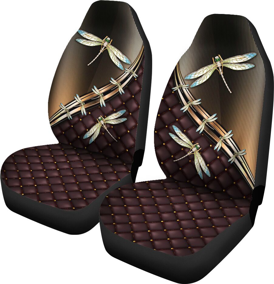 Dragonfly Gold Metal Black Quilted Car Seat Covers, Car Seat Set Of Two, Automotive Seat Covers