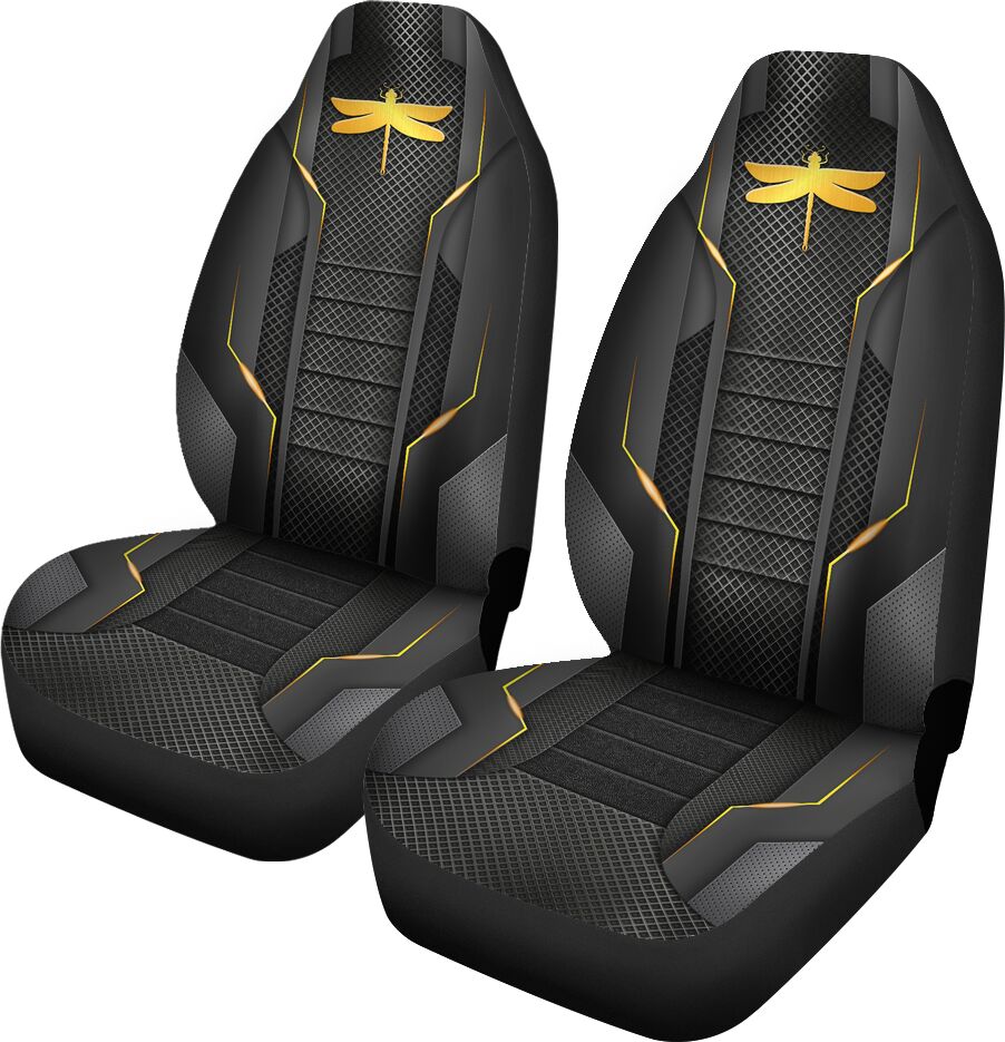 Dragonfly Perforated Gold Metal Car Seat Covers, Car Seat Set Of Two, Automotive Seat Covers