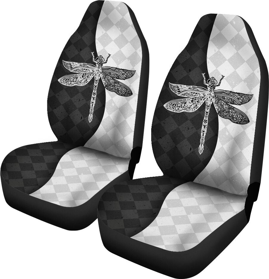 Dragonfly Black And White Squares Car Seat Covers, Car Seat Set Of Two, Automotive Seat Covers