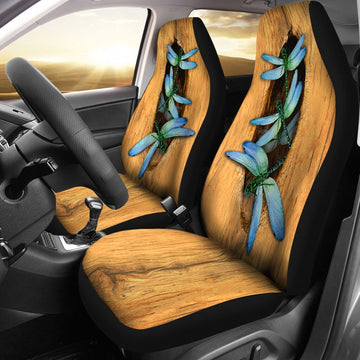 Dragonfly Blue Wood Texture Background Car Seat Covers, Car Seat Set Of Two, Automotive Seat Covers