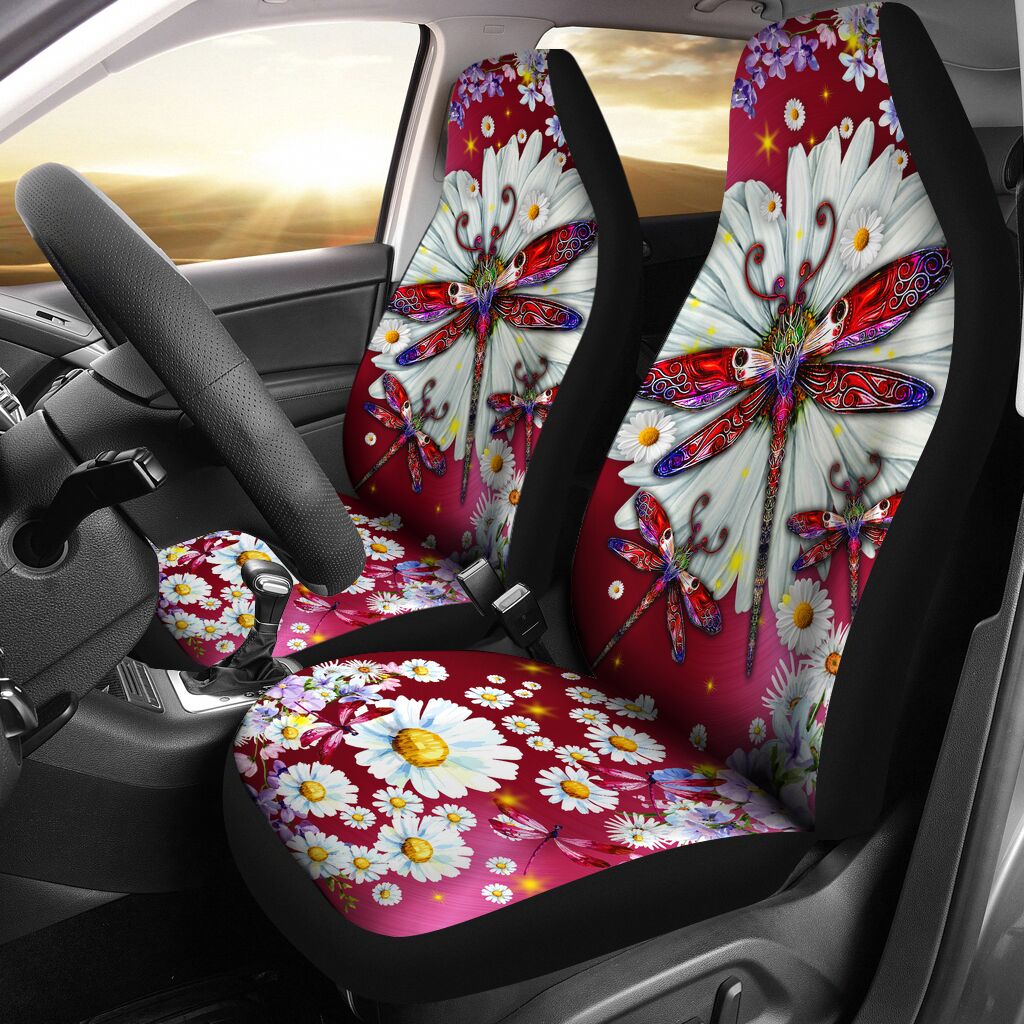 Dragonfly Daisy Floral Car Seat Covers New Version, Car Seat Set Of Two, Automotive Seat Covers