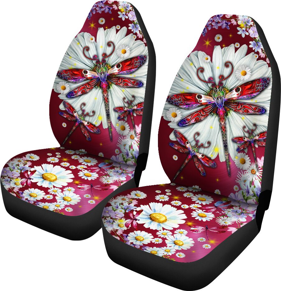 Dragonfly Daisy Floral Car Seat Covers New Version, Car Seat Set Of Two, Automotive Seat Covers