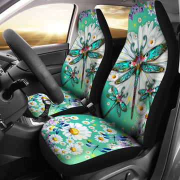 Dragonfly Daisy Floral Car Seat Covers, Car Seat Set Of Two, Automotive Seat Covers