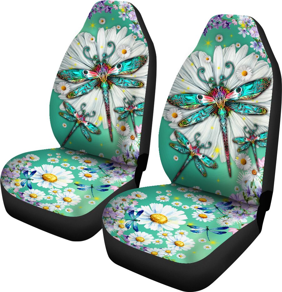 Dragonfly Daisy Floral Car Seat Covers, Car Seat Set Of Two, Automotive Seat Covers