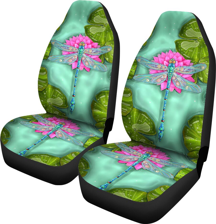 Dragonfly Lotus Painting Car Seat Covers, Car Seat Set Of Two, Automotive Seat Covers