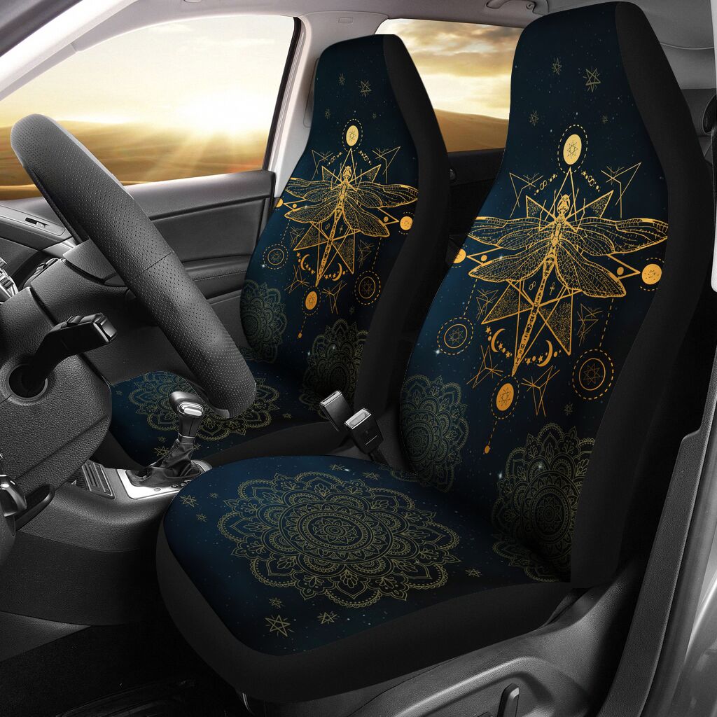 Dragonfly Mandala Fl Gold Car Seat Covers, Car Seat Set Of Two, Automotive Seat Covers