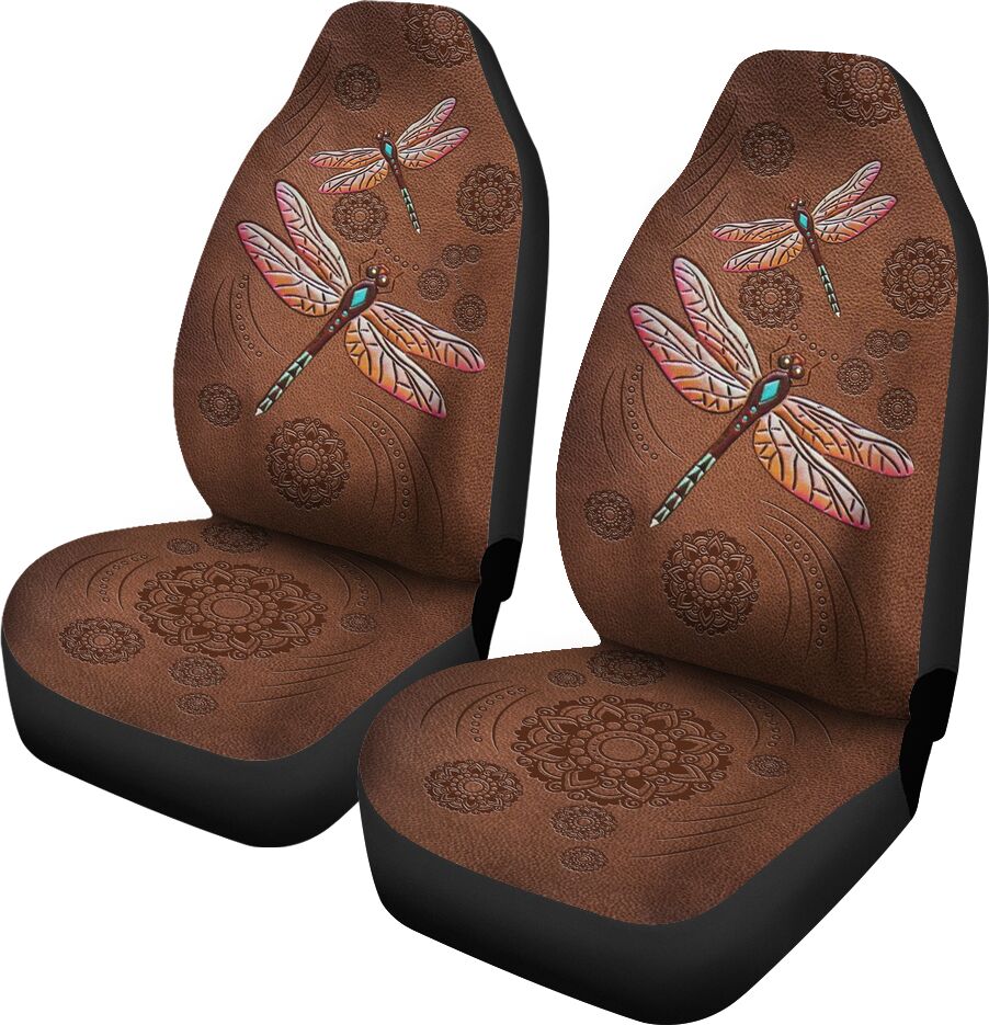 Dragonfly Mandala Leather Car Seat Covers, Car Seat Set Of Two, Automotive Seat Covers
