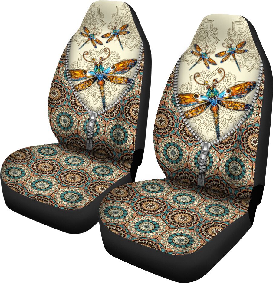 Dragonfly Ornate Floral Zipper 25 Car Seat Covers, Car Seat Set Of Two, Automotive Seat Covers