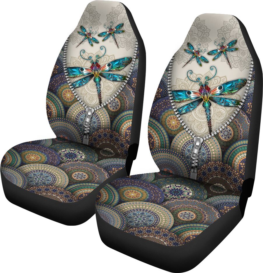 Dragonfly Ornate Floral Zipper Car Seat Covers, Car Seat Set Of Two, Automotive Seat Covers