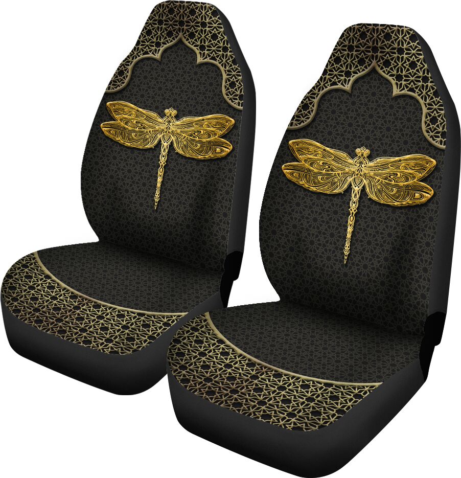 Dragonfly Pattern Gold Car Seat Covers, Car Seat Set Of Two, Automotive Seat Covers