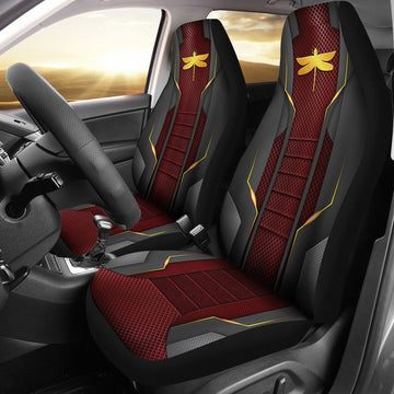Dragonfly Red Metal Perforated Gold Metal Car Seat Covers, Car Seat Set Of Two, Automotive Seat Covers