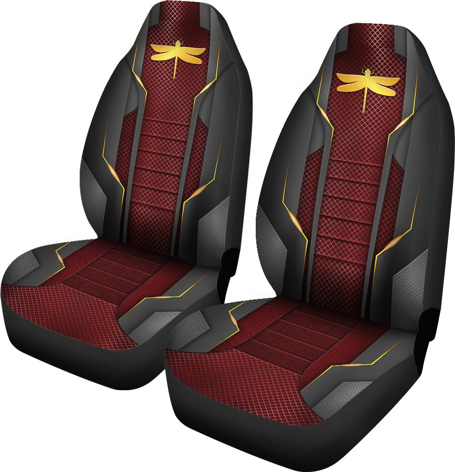Dragonfly Red Metal Perforated Gold Metal Car Seat Covers, Car Seat Set Of Two, Automotive Seat Covers