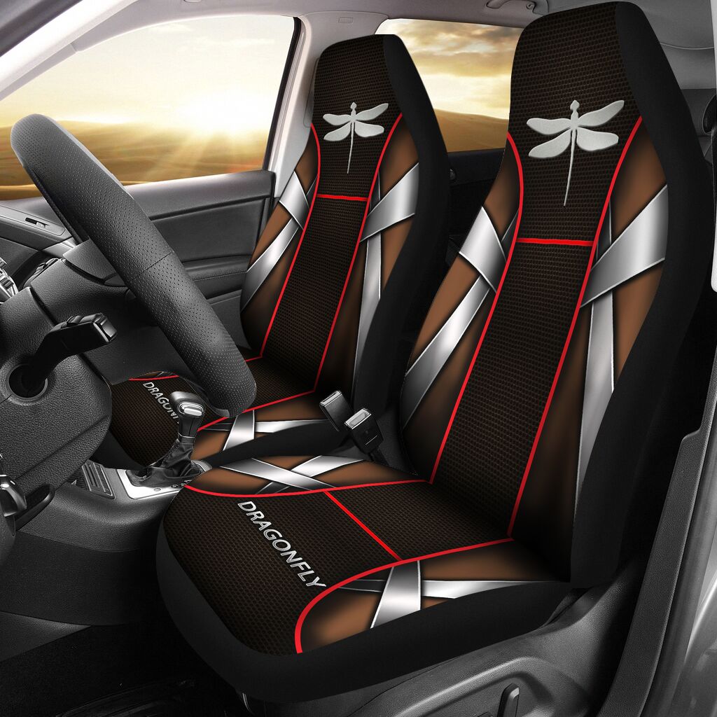 Dragonfly Silver Brown Pattern Car Seat Covers, Car Seat Set Of Two, Automotive Seat Covers