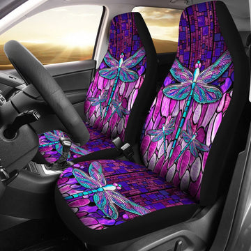 Dragonfly Stained Glass Background Car Seat Covers, Car Seat Set Of Two, Automotive Seat Covers
