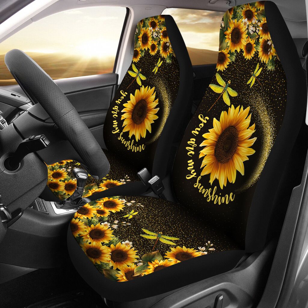 Dragonfly Sunflower Glitter Bling Car Seat Covers, Car Seat Set Of Two, Automotive Seat Covers