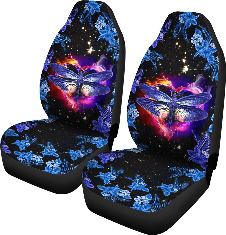 Dragonfly With Heart Floral Blue Car Seat Covers, Car Seat Set Of Two, Automotive Seat Covers