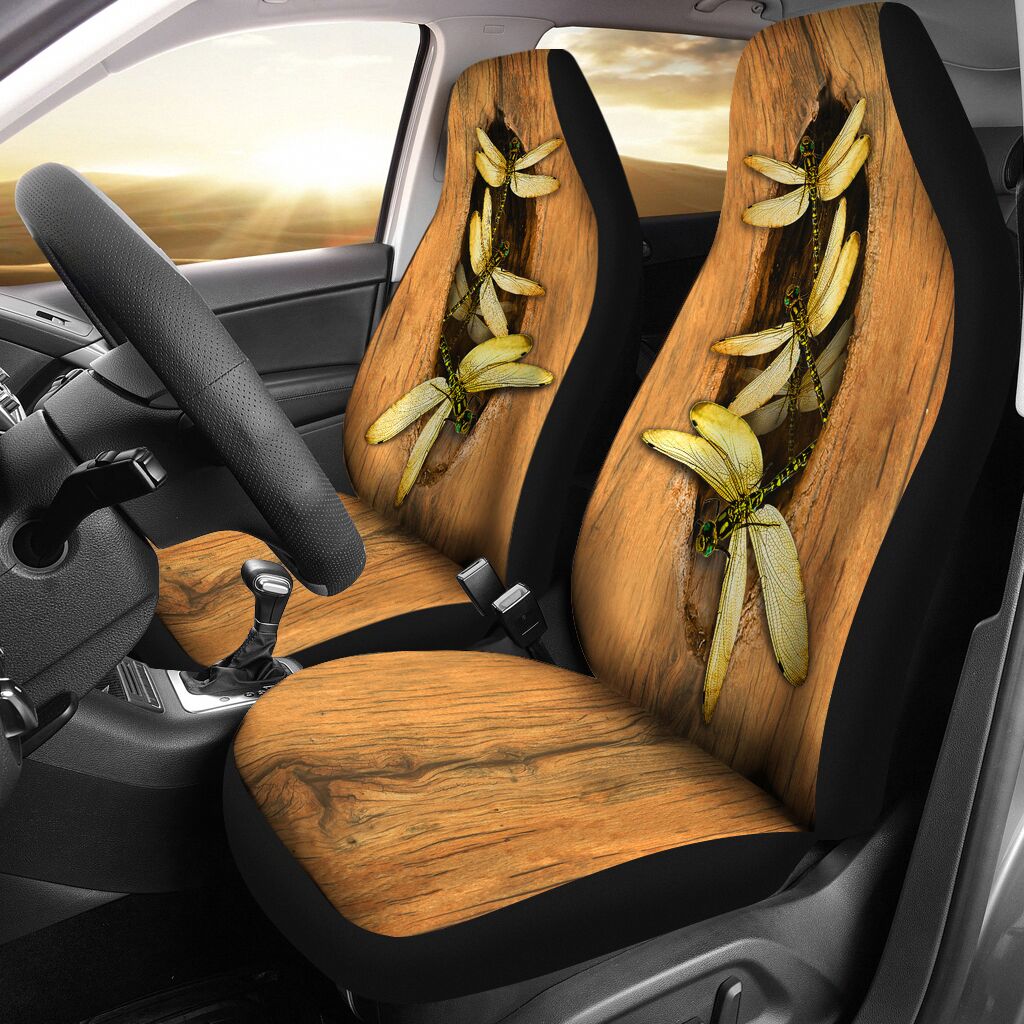 Dragonfly Wood Texture Background Car Seat Covers, Car Seat Set Of Two, Automotive Seat Covers